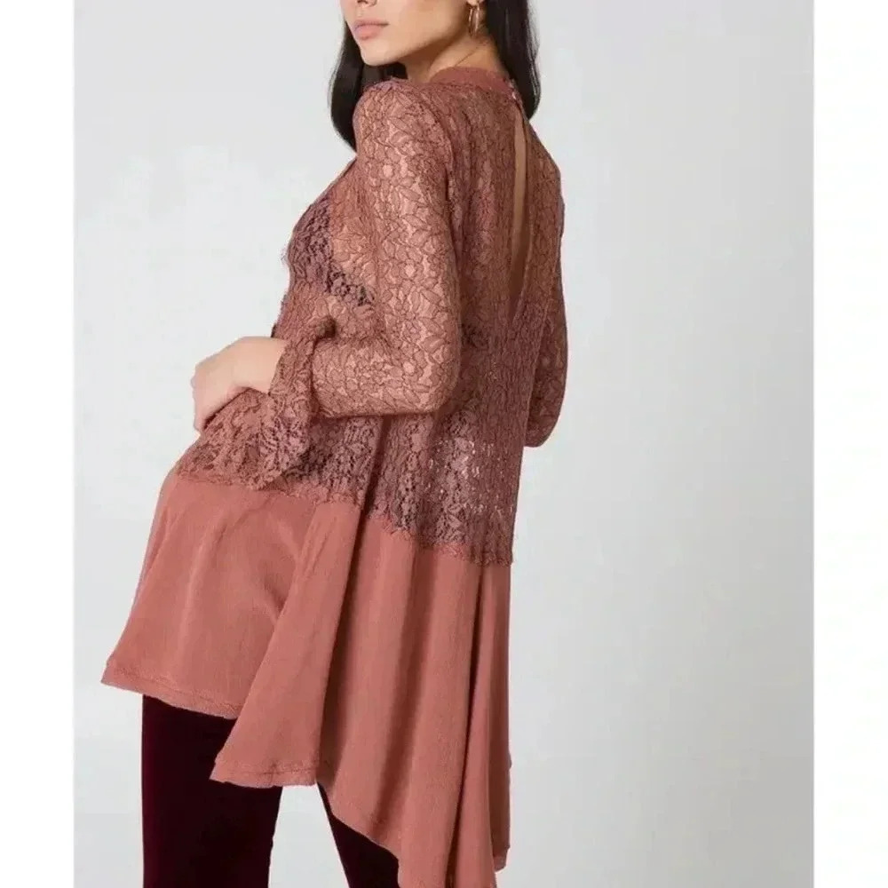 Free People Tell Tale Dusty Mauve Lace Tunic Dress, size Xs